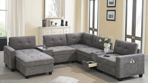 Modern Chenille U-Shaped Sectional Sofa with Acrylic Table Top, USB Charger, Storage Drawers, and Movable Ottoman in Gray Default -DTYStore