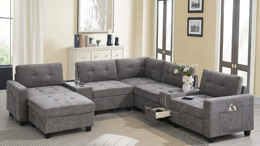 Modern Chenille U-Shaped Sectional Sofa with Acrylic Table Top, USB Charger, Storage Drawers, and Movable Ottoman in Gray Default -DTYStore