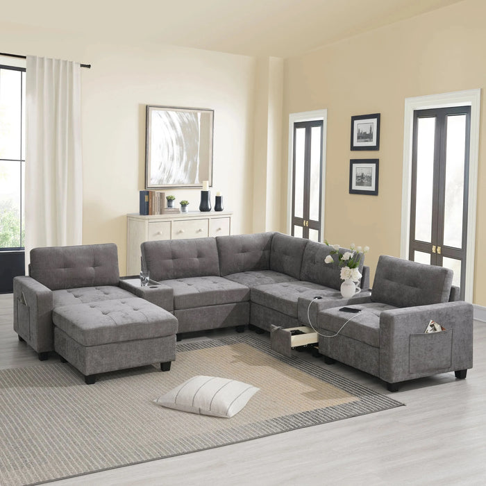 Modern Chenille U-Shaped Sectional Sofa with Acrylic Table Top, USB Charger, Storage Drawers, and Movable Ottoman in Gray Default -DTYStore
