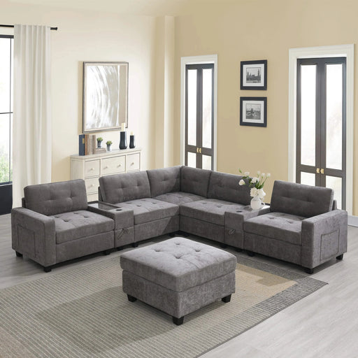 Modern Chenille U-Shaped Sectional Sofa with Acrylic Table Top, USB Charger, Storage Drawers, and Movable Ottoman in Gray Default -DTYStore