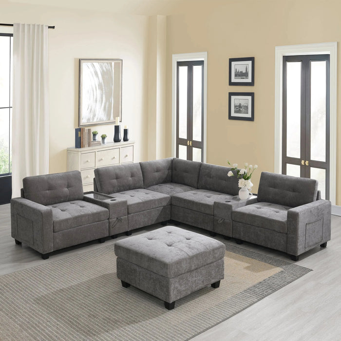 Modern Chenille U-Shaped Sectional Sofa with Acrylic Table Top, USB Charger, Storage Drawers, and Movable Ottoman in Gray Default -DTYStore
