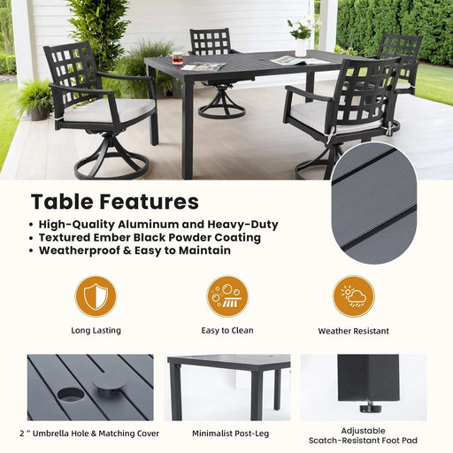 Modern Classic 5PC Outdoor Patio Dining Set, A Rectangular Table & Four Swivel Rock Dining Chairs, Cast Aluminum, Rust-Free, Textured Ember Black, Sunbrella Cushion, Weather-Resistant, for Garden Default -DTYStore
