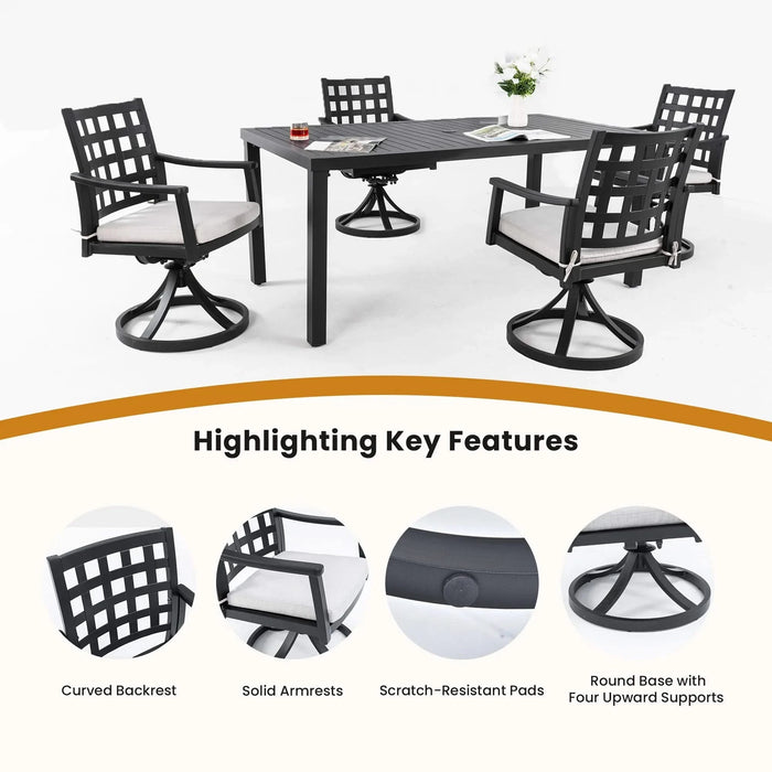 Modern Classic 5PC Outdoor Patio Dining Set, A Rectangular Table & Four Swivel Rock Dining Chairs, Cast Aluminum, Rust-Free, Textured Ember Black, Sunbrella Cushion, Weather-Resistant, for Garden Default -DTYStore