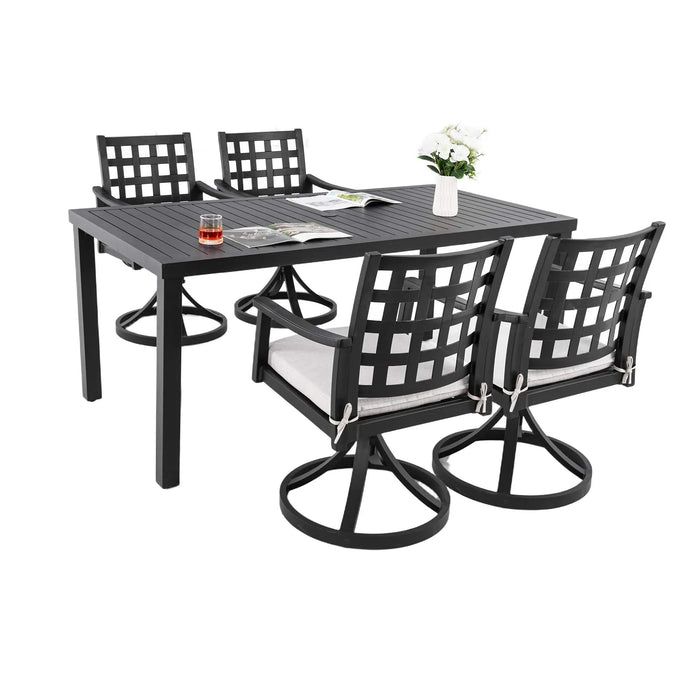 Modern Classic 5PC Outdoor Patio Dining Set, A Rectangular Table & Four Swivel Rock Dining Chairs, Cast Aluminum, Rust-Free, Textured Ember Black, Sunbrella Cushion, Weather-Resistant, for Garden Default -DTYStore