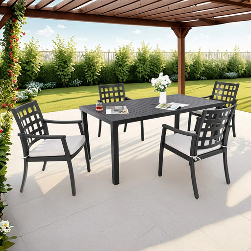 Modern Classic 5PCs Outdoor Patio Dining Set, a Rectangular Table and Four Stationary Dining Chairs, Cast Aluminum, Rust-Free, Textured Ember Black Finish, Sunbrella Cushions, Weather-Resistant Default -DTYStore
