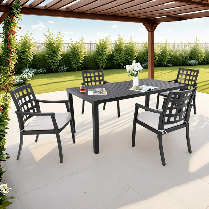 Modern Classic 5PCs Outdoor Patio Dining Set, a Rectangular Table and Four Stationary Dining Chairs, Cast Aluminum, Rust-Free, Textured Ember Black Finish, Sunbrella Cushions, Weather-Resistant Default -DTYStore
