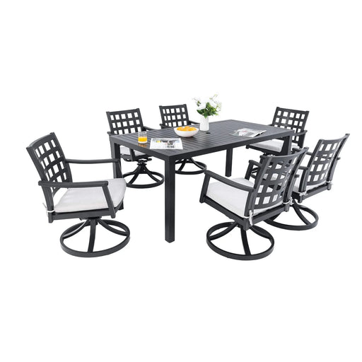 Modern Classic 7-Piece Outdoor Patio Dining Set, a Rectangular Table & Six Swivel Rock Dining Chairs, Cast Aluminum, Rust-Free, Textured Ember Black, Sunbrella Cushion, Weather-Resistant, for Garden Default -DTYStore