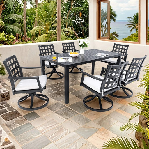 Modern Classic 7-Piece Outdoor Patio Dining Set, a Rectangular Table & Six Swivel Rock Dining Chairs, Cast Aluminum, Rust-Free, Textured Ember Black, Sunbrella Cushion, Weather-Resistant, for Garden Default -DTYStore