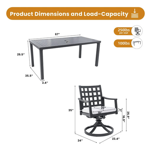 Modern Classic 7-Piece Outdoor Patio Dining Set, a Rectangular Table & Six Swivel Rock Dining Chairs, Cast Aluminum, Rust-Free, Textured Ember Black, Sunbrella Cushion, Weather-Resistant, for Garden Default -DTYStore