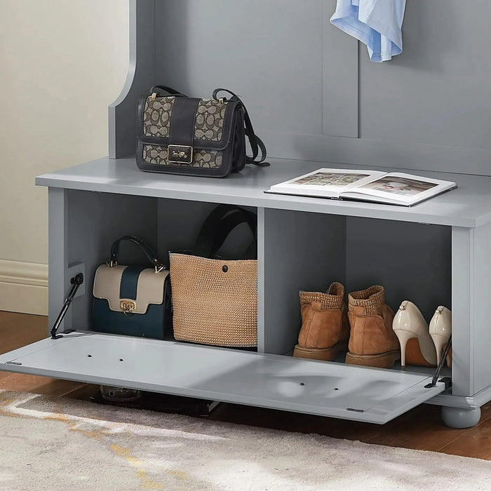 Modern Classic Hall Tree with Shoe Rack Bench and Coat Hooks for Hanging Storage, Entryway Bench with Open Shelves and Shoe Cabinets 40.16'W*18.58'D*64.17'H GRAY Default -DTYStore