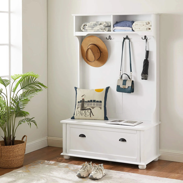 Modern Classic Hall Tree with Shoe Rack Bench and Coat Hooks for Hanging Storage, Entryway Bench with Open Shelves and Shoe Cabinets 40.16'W*18.58'D*64.17'H white Default -DTYStore