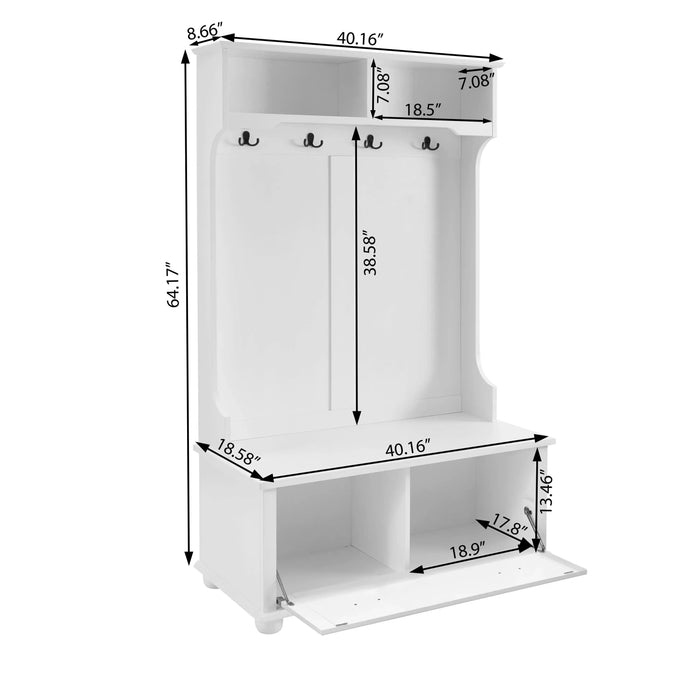 Modern Classic Hall Tree with Shoe Rack Bench and Coat Hooks for Hanging Storage, Entryway Bench with Open Shelves and Shoe Cabinets 40.16'W*18.58'D*64.17'H white Default -DTYStore