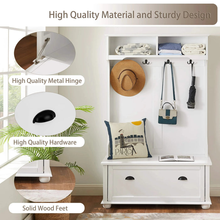 Modern Classic Hall Tree with Shoe Rack Bench and Coat Hooks for Hanging Storage, Entryway Bench with Open Shelves and Shoe Cabinets 40.16'W*18.58'D*64.17'H white Default -DTYStore