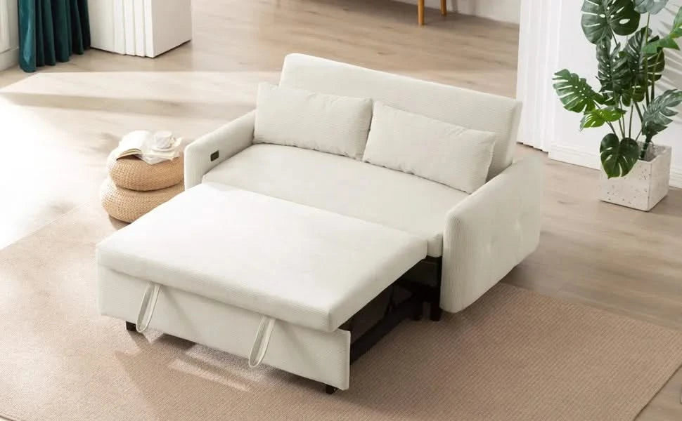 Modern Convertible Pull-out Sofa Bed with USB Ports and Pillows, Beige Corduroy, 57.48 inches Default -DTYStore