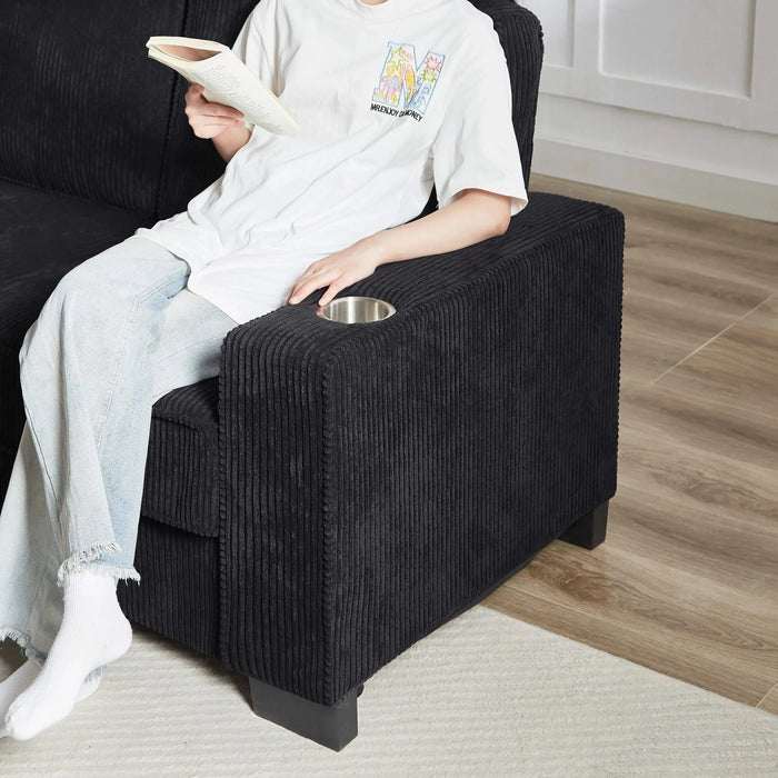 Modern Corduroy Fabric Sofa, 3-Seater Compressed Couch with Cup Holders, Black, 84.25' Default -DTYStore