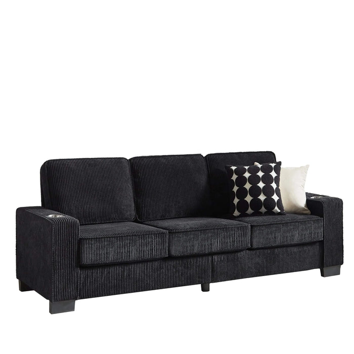 Modern Corduroy Fabric Sofa, 3-Seater Compressed Couch with Cup Holders, Black, 84.25' Default -DTYStore