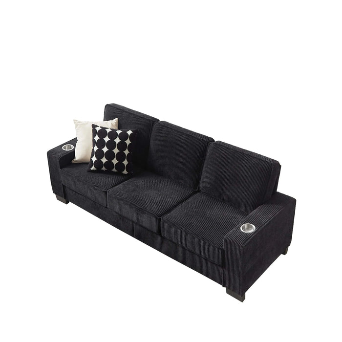 Modern Corduroy Fabric Sofa, 3-Seater Compressed Couch with Cup Holders, Black, 84.25' Default -DTYStore