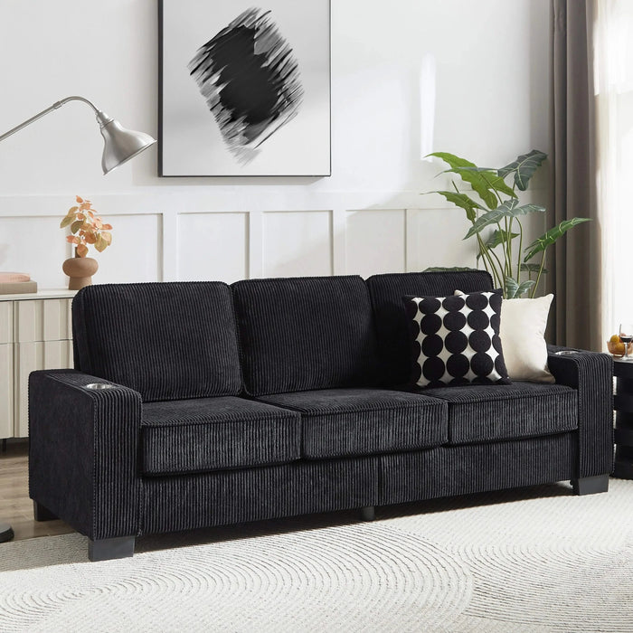 Modern Corduroy Fabric Sofa, 3-Seater Compressed Couch with Cup Holders, Black, 84.25' Default -DTYStore