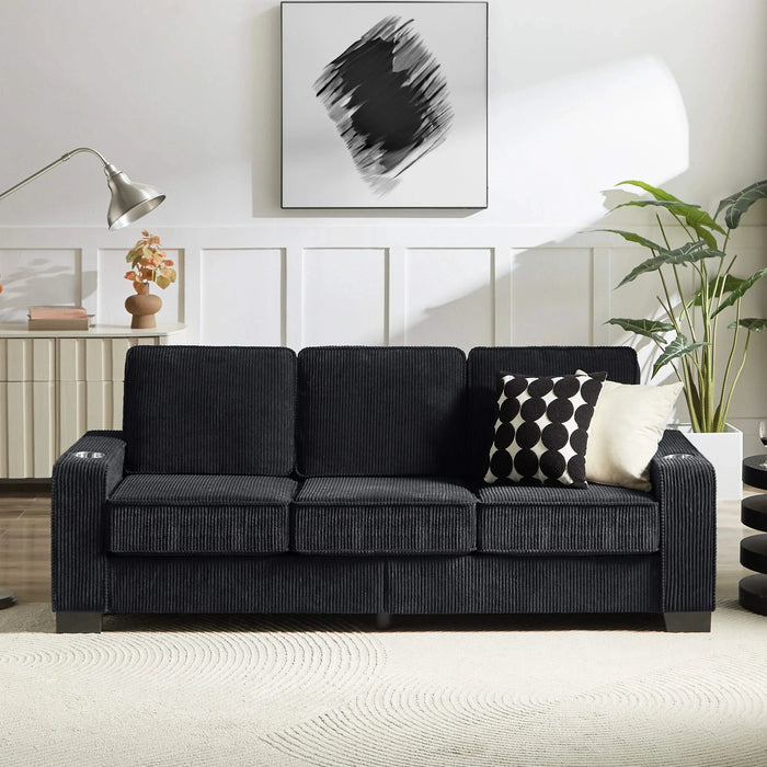 Modern Corduroy Fabric Sofa, 3-Seater Compressed Couch with Cup Holders, Black, 84.25' Default -DTYStore