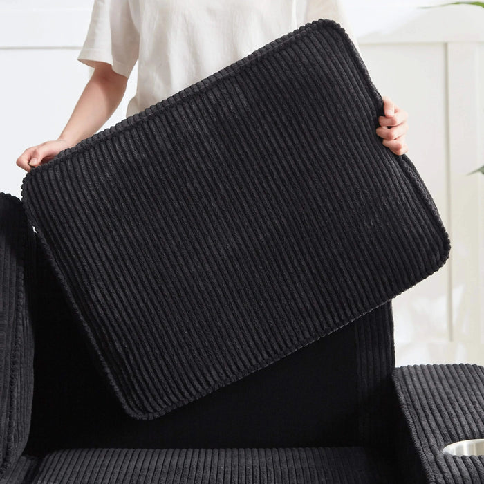 Modern Corduroy Fabric Sofa, 3-Seater Compressed Couch with Cup Holders, Black, 84.25' Default -DTYStore
