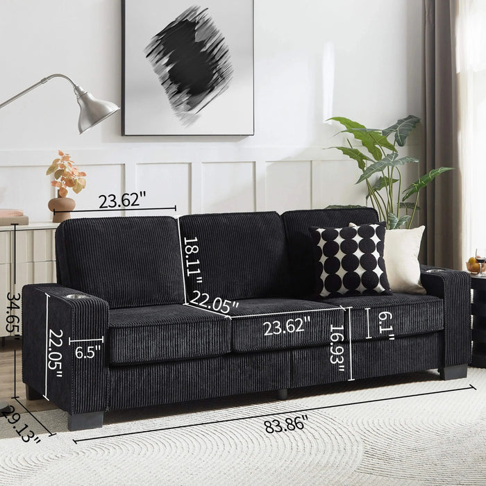 Modern Corduroy Fabric Sofa, 3-Seater Compressed Couch with Cup Holders, Black, 84.25' Default -DTYStore