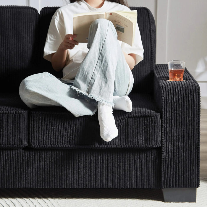 Modern Corduroy Fabric Sofa, 3-Seater Compressed Couch with Cup Holders, Black, 84.25' Default -DTYStore