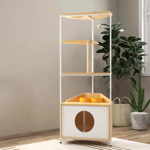 Modern Corner Cat Tower with Scratching Post, Cat Condo and Feeding Station, White and Light Oak Particle Board, 58.27-inch Height Default -DTYStore