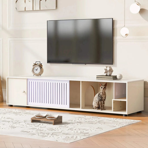 Modern Cream White TV Stand with Storage, Cat Litter Box Enclosure with Removable Sliding Door Default -DTYStore