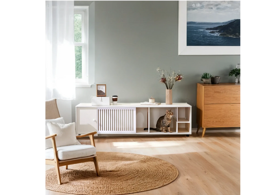 Modern Cream White TV Stand with Storage, Cat Litter Box Enclosure with Removable Sliding Door Default -DTYStore