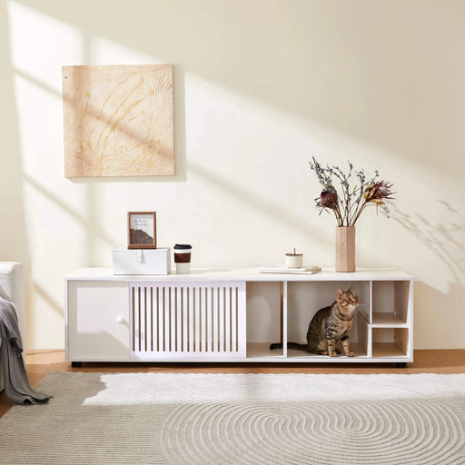 Modern Cream White TV Stand with Storage, Cat Litter Box Enclosure with Removable Sliding Door Default -DTYStore