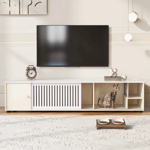 Modern Cream White TV Stand with Storage, Cat Litter Box Enclosure with Removable Sliding Door Default -DTYStore