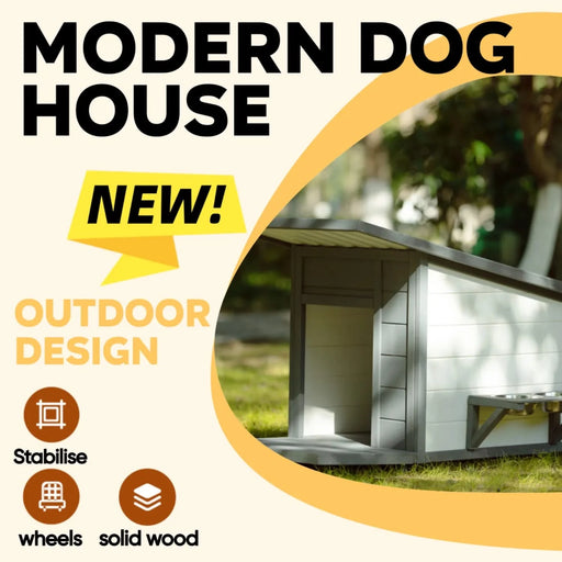 Modern Design Outdoor Dog House with Food Bowl and Wheels, Grey Pine, 44.1 x 22.1 x 28.8 inches Default -DTYStore