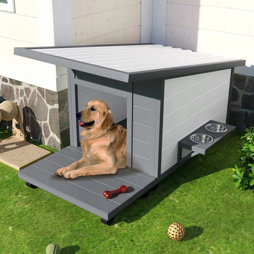 Modern Design Outdoor Dog House with Food Bowl and Wheels, Grey Pine, 44.1 x 22.1 x 28.8 inches Default -DTYStore
