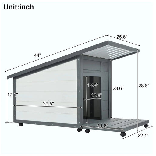 Modern Design Outdoor Dog House with Food Bowl and Wheels, Grey Pine, 44.1 x 22.1 x 28.8 inches Default -DTYStore