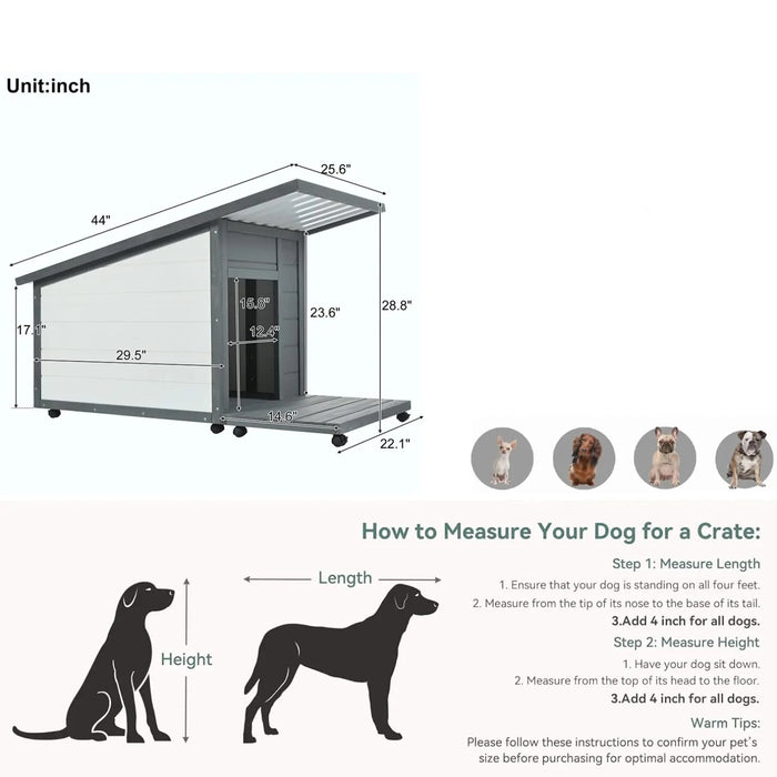 Modern Design Outdoor Dog House with Food Bowl and Wheels, Grey Pine, 44.1 x 22.1 x 28.8 inches Default -DTYStore