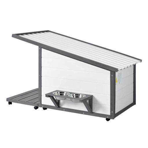 Modern Design Outdoor Dog House with Food Bowl and Wheels, Grey Pine, 44.1 x 22.1 x 28.8 inches Default -DTYStore