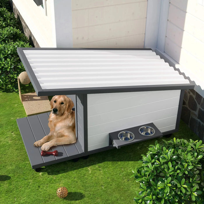 Modern Design Outdoor Dog House with Food Bowl and Wheels, Grey Pine, 44.1 x 22.1 x 28.8 inches Default -DTYStore
