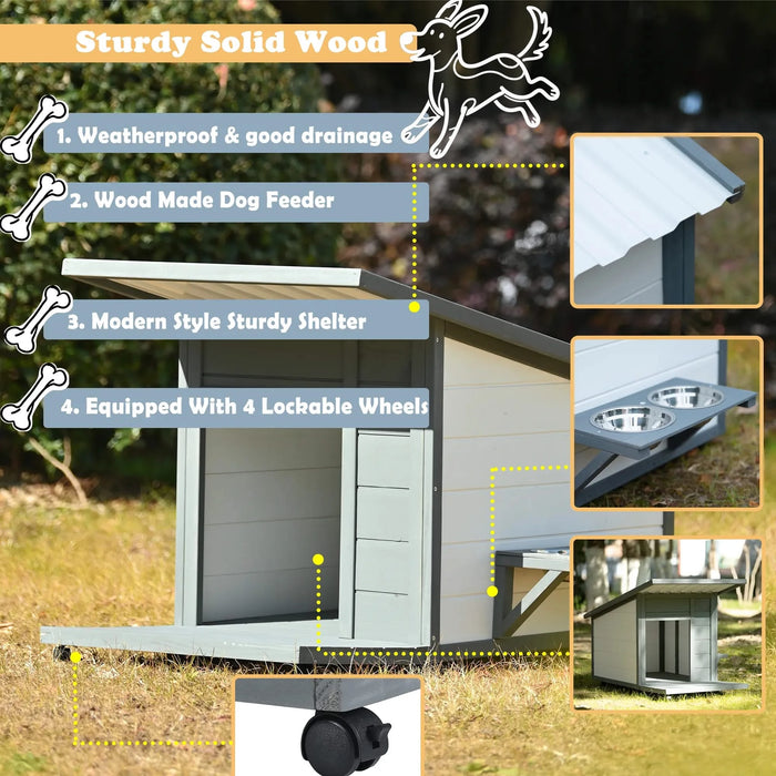 Modern Design Outdoor Dog House with Food Bowl and Wheels, Grey Pine, 44.1 x 22.1 x 28.8 inches Default -DTYStore
