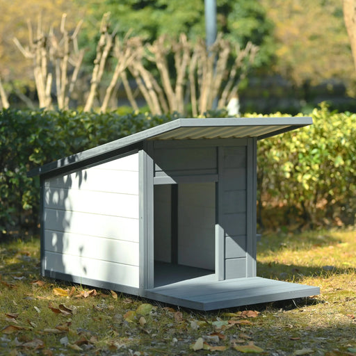 Modern Design Outdoor Dog House with Food Bowl and Wheels, Grey Pine, 44.1 x 22.1 x 28.8 inches Default -DTYStore