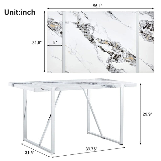 Modern Dining Table, 55 inch Faux Marble Kitchen Table for 4 People, Rectangular Dinner Table for Dining Room, Home Office, Living Room Furniture, Easy Assembly, (White & Silver)(Only Table) Default -DTYStore