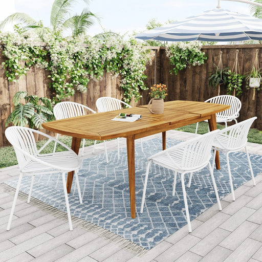 Modern Expandable Outdoor Dining Set with Stackable Chairs, White and Teak, Acacia Wood and Metal Default -DTYStore