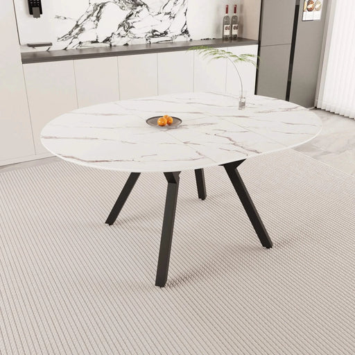 Modern Extendable White Circular Dining Table with MDF Top and Metal Legs for 4-6 Persons Default -DTYStore