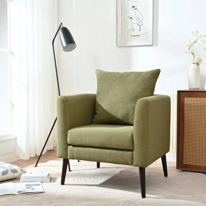 Modern Fabric Accent Chair, Upholstered Armchair for Living Room, Mid Century Fabric Lounge Chair w/Pillow, Comfortable Reading Chair with Wood Legs for Living Room, Bedroom, Reception Room (Olive) Default -DTYStore