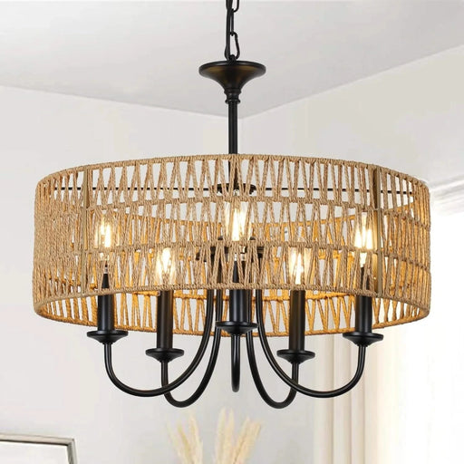 Modern Farmhouse Chandelier Light Fixtures, 5-Lights Large Rattan Pendant Lighting with Hand Woven Wicker Shade, Boho Black Chandeliers for Dining Room Living Room Kitchen Island Bedroom Default -DTYStore