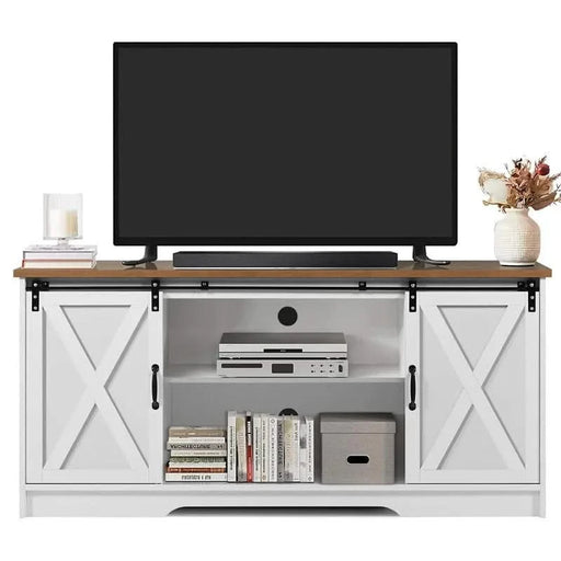 Modern Farmhouse Wood TV Stand for TVs up to 58 inches, with Sliding Barn Doors, 3 Adjustable Shelves, Cord Management Ports, Corner Fit for Small Space Homes, in Oak/Solid White Default -DTYStore