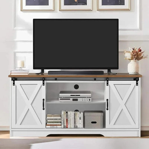 Modern Farmhouse Wood TV Stand for TVs up to 58 inches, with Sliding Barn Doors, 3 Adjustable Shelves, Cord Management Ports, Corner Fit for Small Space Homes, in Oak/Solid White Default -DTYStore
