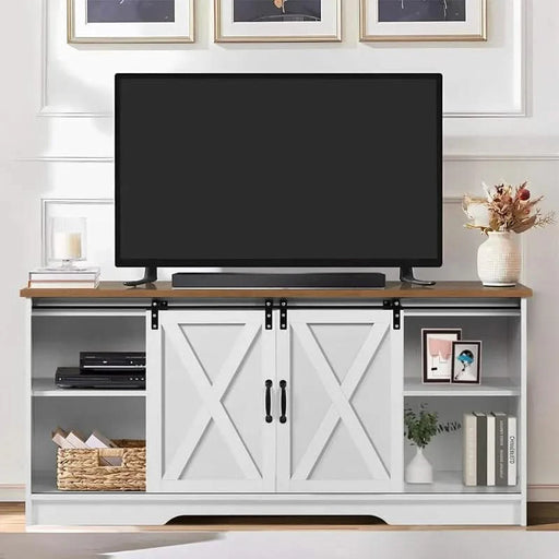Modern Farmhouse Wood TV Stand for TVs up to 58 inches, with Sliding Barn Doors, 3 Adjustable Shelves, Cord Management Ports, Corner Fit for Small Space Homes, in Oak/Solid White Default -DTYStore