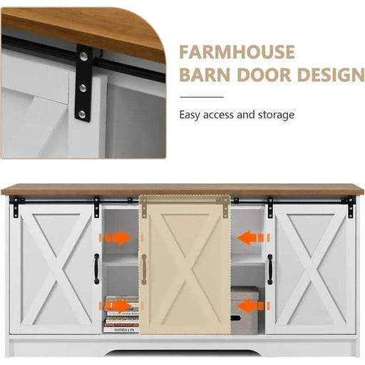 Modern Farmhouse Wood TV Stand for TVs up to 58 inches, with Sliding Barn Doors, 3 Adjustable Shelves, Cord Management Ports, Corner Fit for Small Space Homes, in Oak/Solid White Default -DTYStore