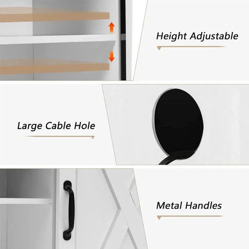 Modern Farmhouse Wood TV Stand for TVs up to 58 inches, with Sliding Barn Doors, 3 Adjustable Shelves, Cord Management Ports, Corner Fit for Small Space Homes, in Oak/Solid White Default -DTYStore