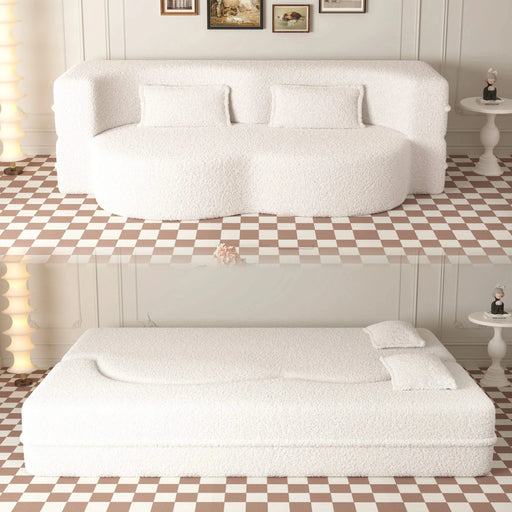 Modern Floor Sofa with 2 Pillows,Convertible Teddy Fabric Foam Filled Sleeper Sofa Bed,15 ' Full Size Folding Mattress for Living Room,Guest Bed,Playroom,no assembly required,Beige Default -DTYStore